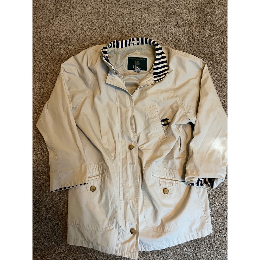 VTG Orvis Lightweight Women Nautical Field Jacket S Tan Striped Collar Full Zip